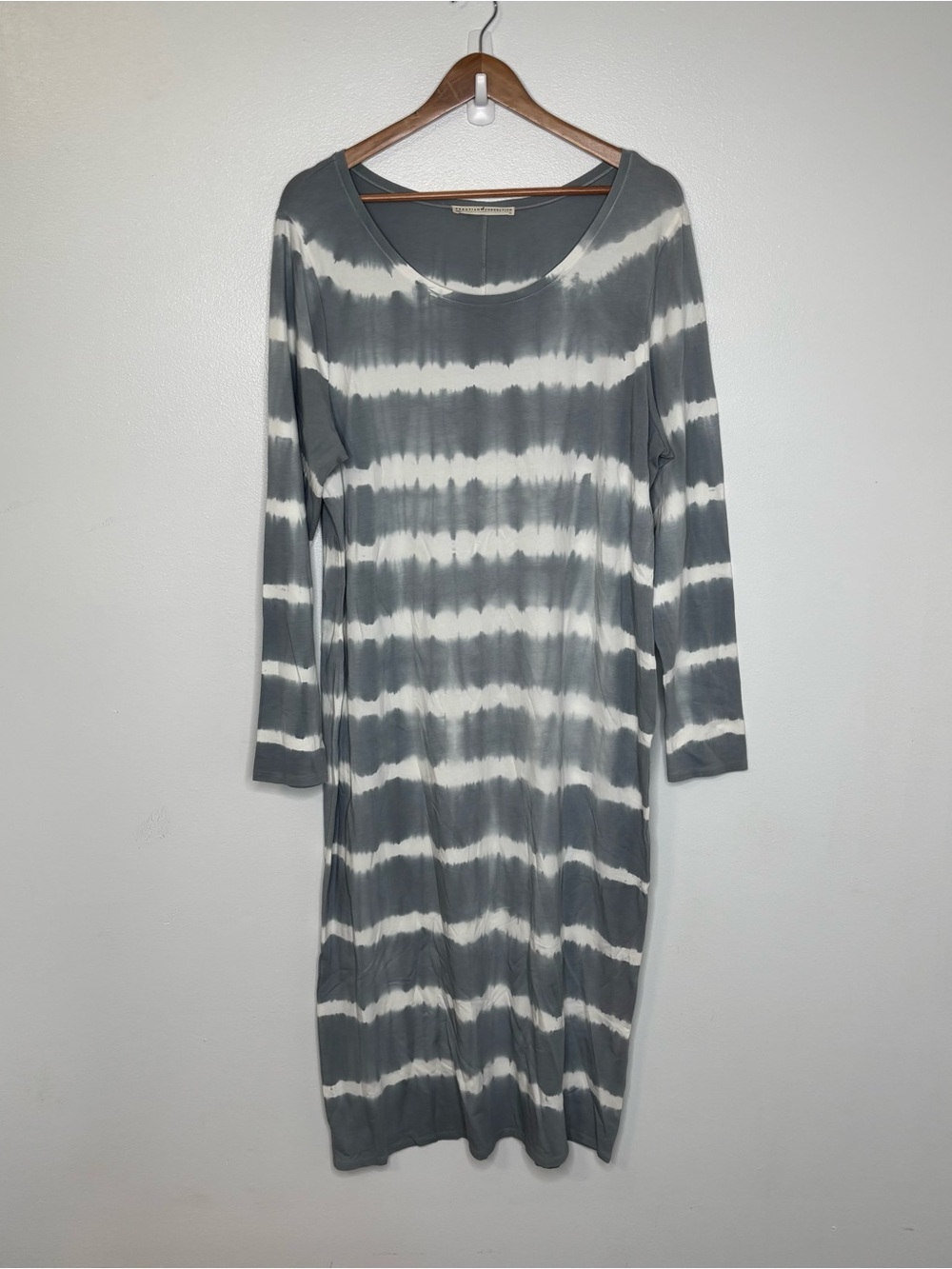 Peruvian Connection Maxi Dress Size XL Gray White Tie Dye Long Sleeve